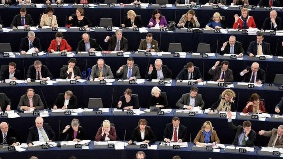 Members of the European Parliament take part in a vote during a plenary session at the European Parliament in Strasbourg (12 March 2014)