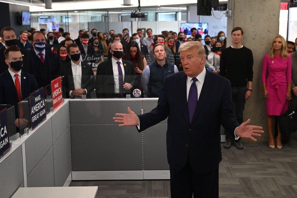 President Donald Trump speaks to staff at his campaign headquarters in Arlington, Virginia