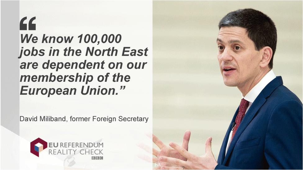 David Miliband saying: We know 100,000 jobs in the North East are dependent on our membership of the European Union