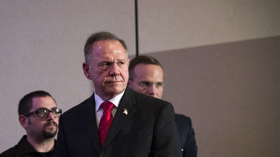 BIRMINGHAM, AL - NOVEMBER 16: Republican candidate for U.S. Senate Judge Roy Moore listens to a question during a news conference