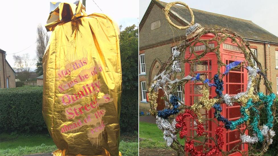 Decorated telephone box in Prickwillow, 2015 and 2014