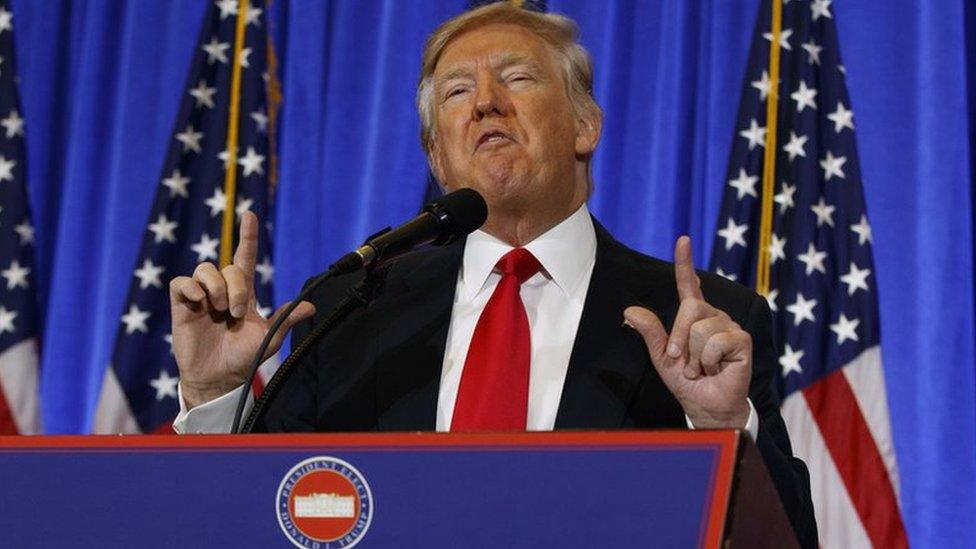 , President-elect Donald Trump speaks during a news conference in the lobby of Trump Tower in New York