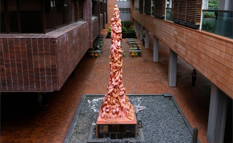 The eight-metre-high "Pillar of Shame" by Danish sculptor Jens Galschiot before it was removed at the University of Hong Kong (HKU), China, 12 October 2021