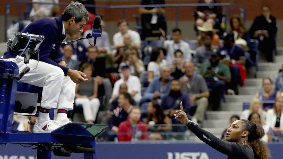 Serena Williams talking to umpire Carlos Ramos during the US open final