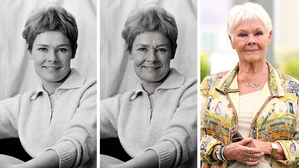 Composite image of Dame Judy Dench before the app, after it and what she looks like now