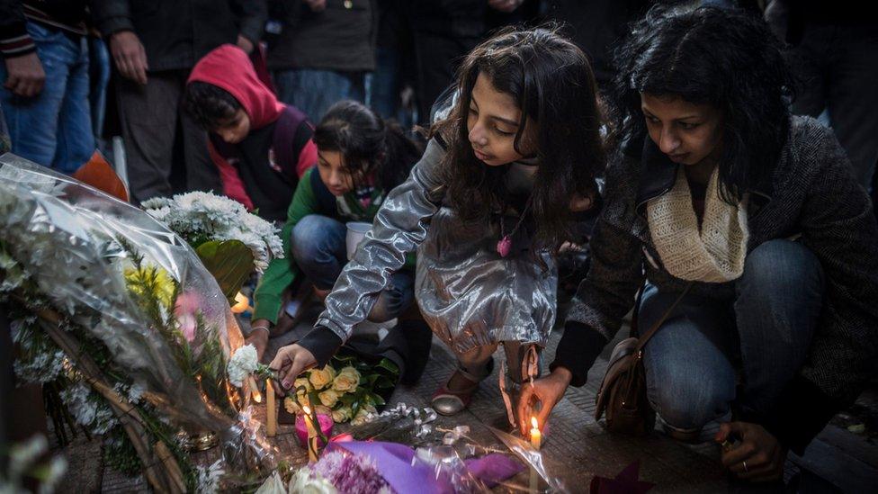 Activists attend a memorial for 28-year-old graduate Giulio Regeni outside of the Italian embassy in Cairo, Egypt, 06 February 2016