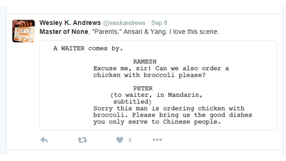 "Master of None, Parents, Ansari and Yang. I love this scene"