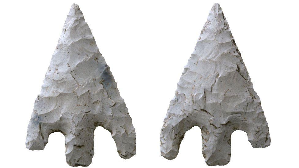 Both sides of a Neolithic or early Bronze Age barbed and tanged arrow head, Cherry Hinton, Cambridgeshire