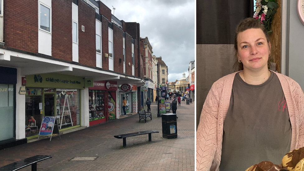 Composite image of a woman stood in a cafe alongside a view of Bridgwater town centre