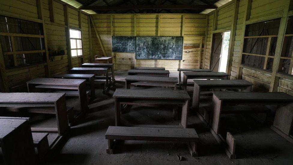 An empty classroom in a now abandoned school on May 12, 2019 in SW Cameroon. Many government paid teachers now refuse to go to schools in SW Cameroon after threats from armed separatists