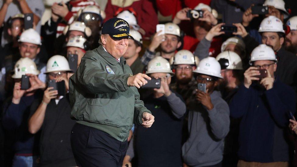 Donald Trump toured the Gerald R Ford aircraft carrier ahead of his remarks to members of the crew.