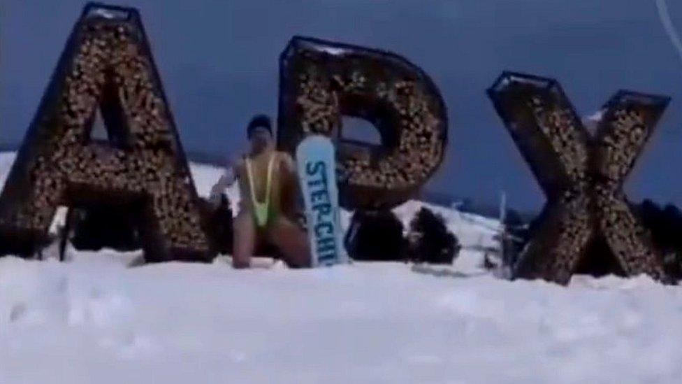 This man was shown apologising for snowboarding down a slope in a Borat-style "mankini"