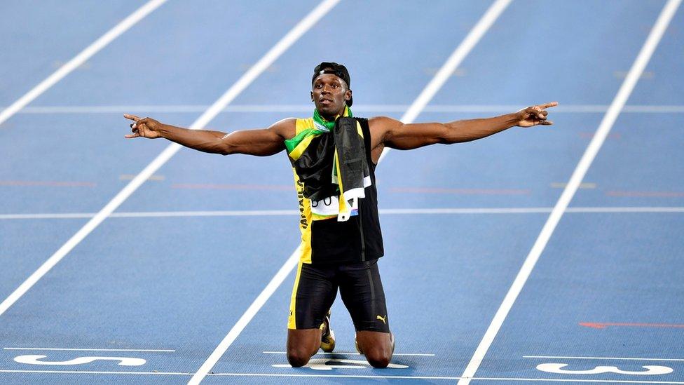 Jamaica"s Usain Bolt celebrates winning the gold medal in the men"s 4x100-meter relay final during the athletics competitions of the 2016 Summer Olympics