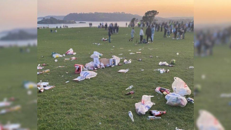 Litter and revellers on Plymouth Hoe. Pic: PlymPC/Twitter