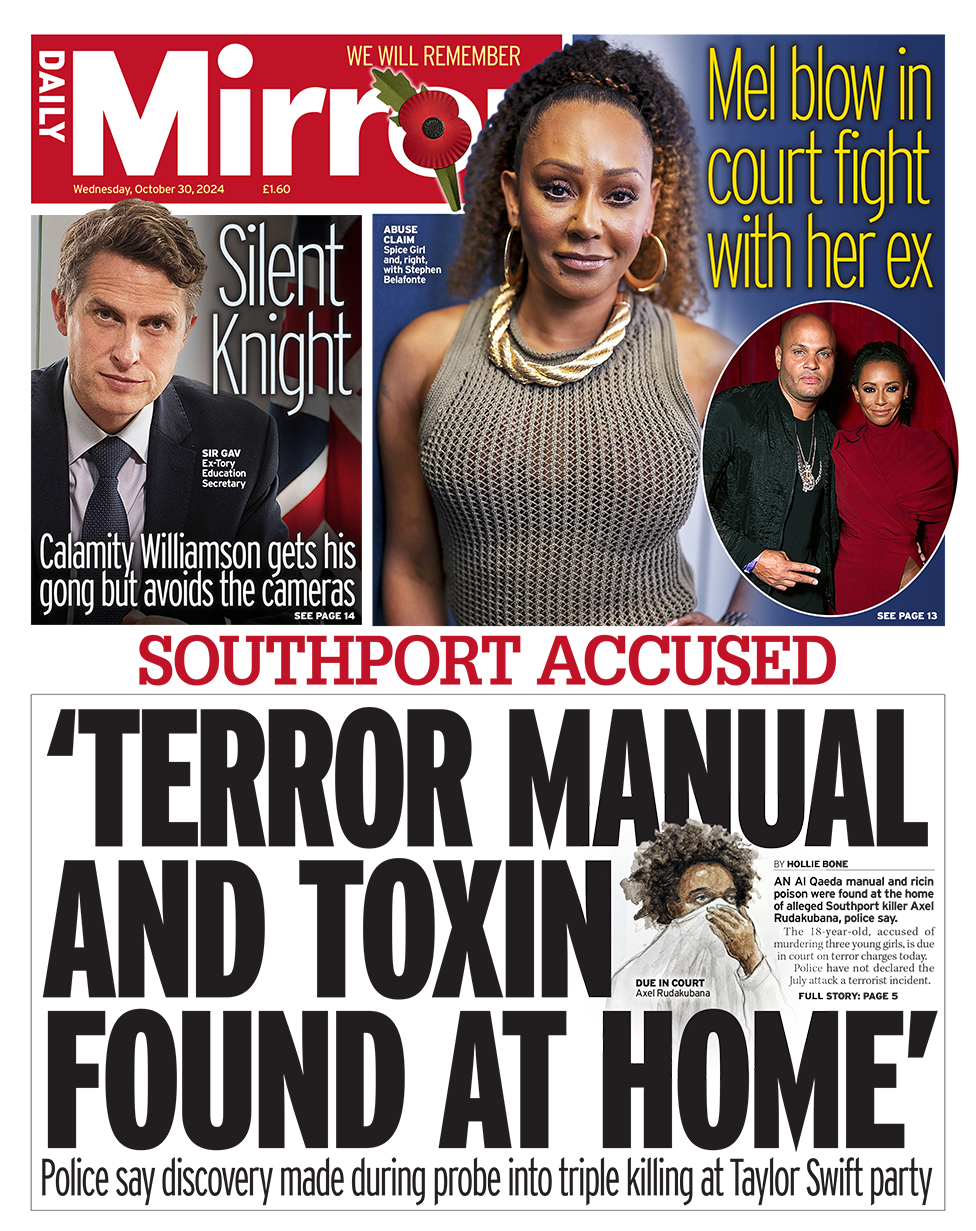 The headline in the Mirror reads: "'Terror manual and toxin found at home'". 