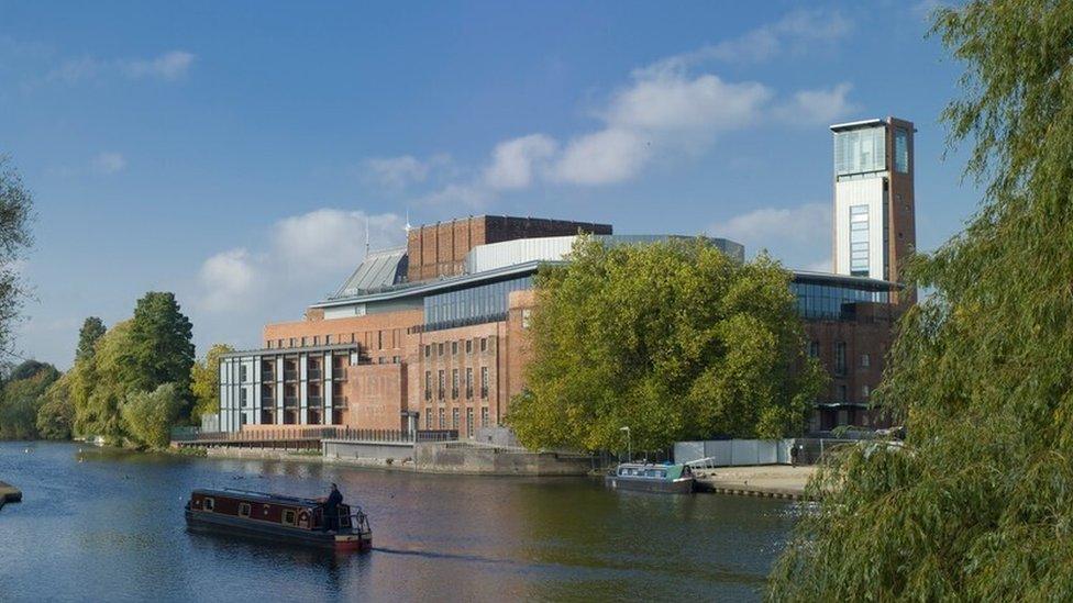 Royal Shakespeare Theatre from the Clopton Bridge, including River Avon.