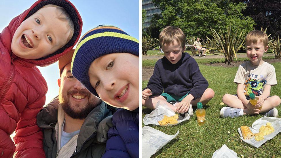  On the left side, six-year-old twins Kit and Ollie lean into the camera with their dad in between them - they are wearing jackets and hats, and there's clear blue sky behind them. On the right side, the boys sit cross-legged on some grass while picnicking, eating a sausage roll and some crisps in broad sunshine