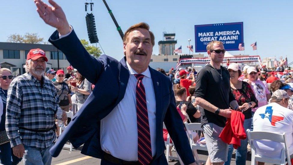 MyPillow CEO Michael Lindell arrives for a 2024 campaign rally by former US President Donald Trump in Waco, Texas, March 25, 2023.