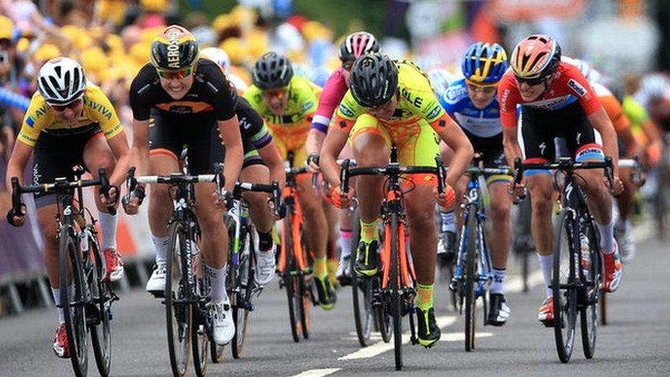 Germany's Lisa Brennauer, left, during the sprint finish