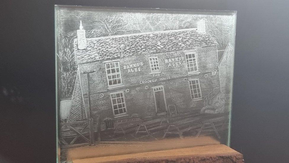 Crooked House glass etching