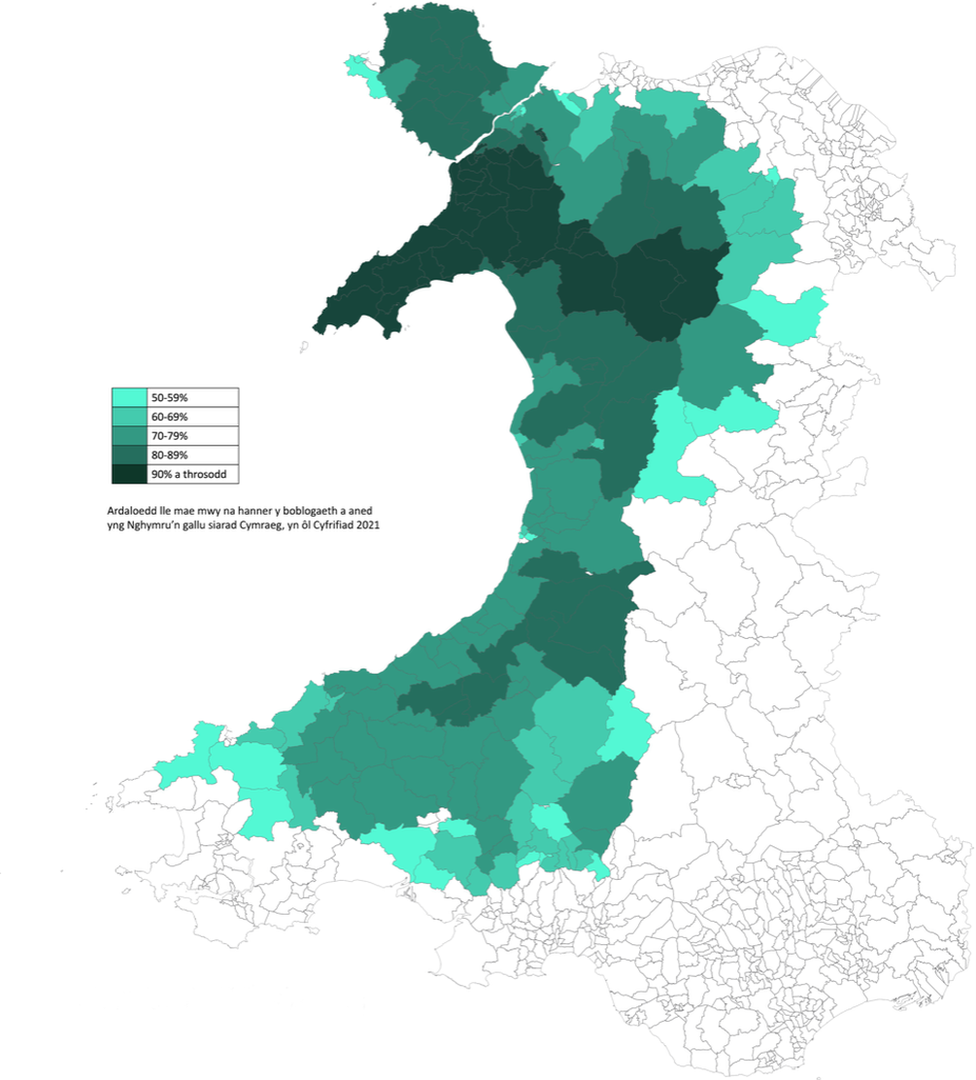 Map yn dangos y gallu i siarad Cymraeg yn ôl mannau geni