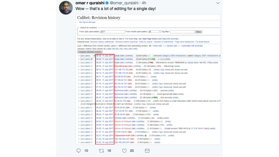 Tweet showing a picture of the Wikipedia edits page for Calibri font and message saying "that's a lot of editing for one day!"