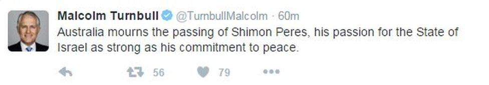 Turnbull Tweet: Australia mourns the passing of Shimon Peres, his passion for the State of Israel as strong as his commitment to peace