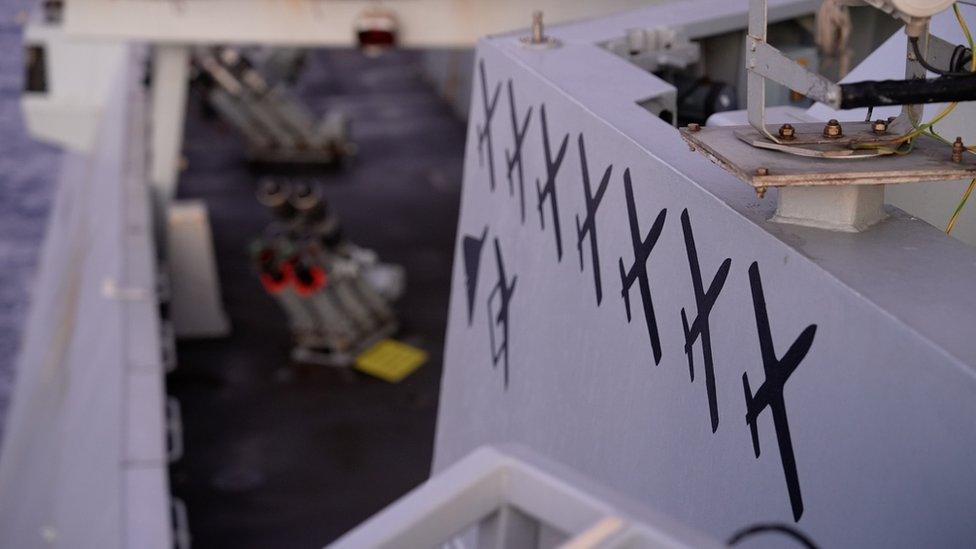 Drone tally “kill marks” on side of the bridge of HMS Diamond.