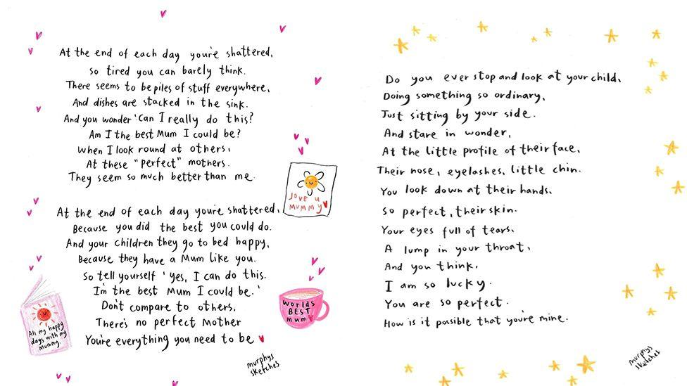 A composite image of two of Kerri's posts. One reads: "At the end of the day you're shattered, so tired you can barely think. There seems to be piles of stuff everywhere and dishes are stacked in the sink. And you wonder 'can I really do this?' Am I best the mum I can be?' When I look around at others, at these perfect mothers, they seem so much better than me. At the end of each day you're shattered, because you did the best you could do. And your children they go to bed happy, because they have a mum like you. So tell yourself 'yes I can do this', I'm the best mum I can be. Don't compare to others. There's no perfect mother. You're everything you need to be'."