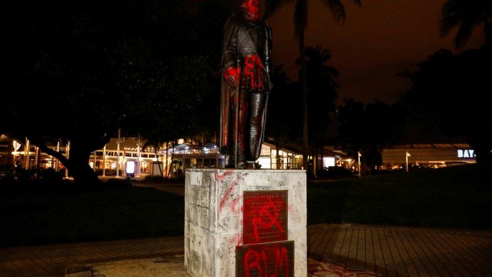 A vandalised statue of Christopher Columbus in Downtown Miami, Florida