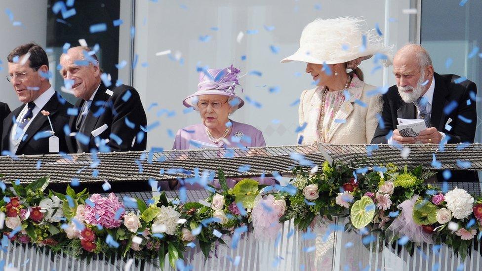 Prince Philip, Duke of Edinburgh, the Queen, Princess Michael of Kent and Prince Michael of Kent at Epsom on 7 June 2014