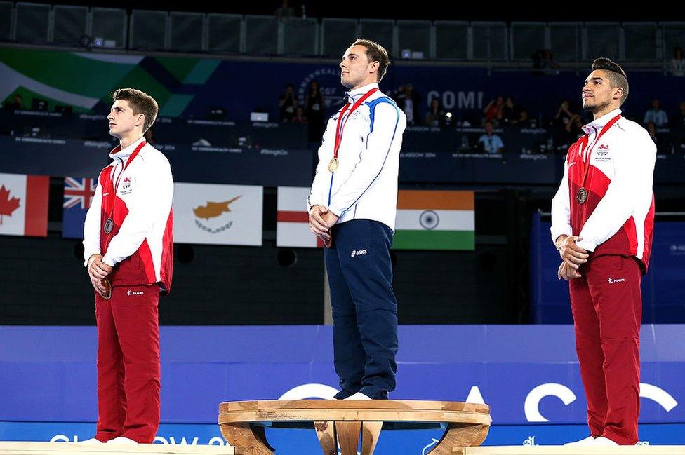 Gold medalist Daniel Keatings of Scotland poses with silver medalist Max Whitlock (L) of England and bronze medalist Louis Smith of England during the medal ceremony for the Men's Pommel Horse Final at SSE Hydro during day eight of the Glasgow 2014 Commonwealth Games on July 31, 2014 in Glasgow, Scotland.