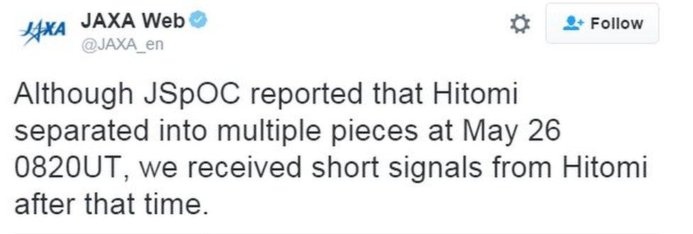 @JAXA_en: Although JSpOC reported that Hitomi separated into multiple pieces at May 26 0820UT, we received short signals from Hitomi after that time