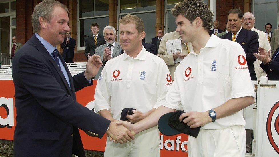 James Anderson receives his first England cap alongside Anthony McGrath from chairman of selectors David Graveney (left)