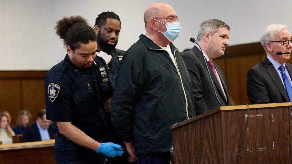 Allen Weisselberg stands as he is sentenced to 5 months in prison for perjury from when he testified in the Trump trial, in Manhattan, New York, U.S. April 10, 2024.