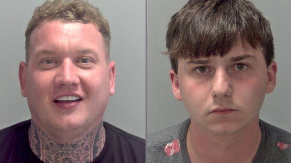 Police mug shots of Ashley Youngman, who is smiling and has short light brown hair, slightly longer and curling on top, is wearing a black T-shirt and has a tattoo under his neck and Hayder Gilgil, who has short dark brown hair, with a fringe over his forehead and is wearing a grey T-shirt. 