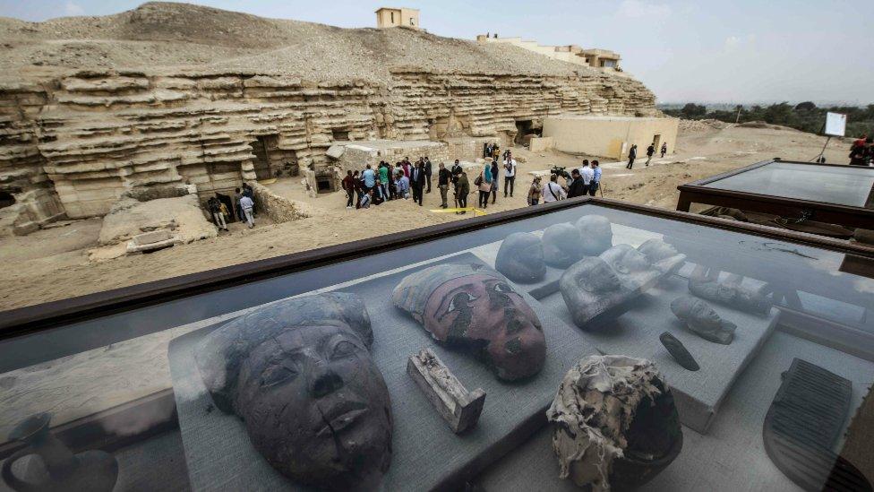 Items are displayed on the edge of King Userkaf pyramid complex in Saqqara Necropolis on November 10, 2018.