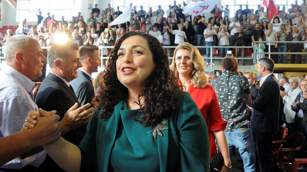 Vjosa Osmani, leader of the Democratic League of Kosovo (LDK), arrives for a campaign rally in Suhareka, Kosovo