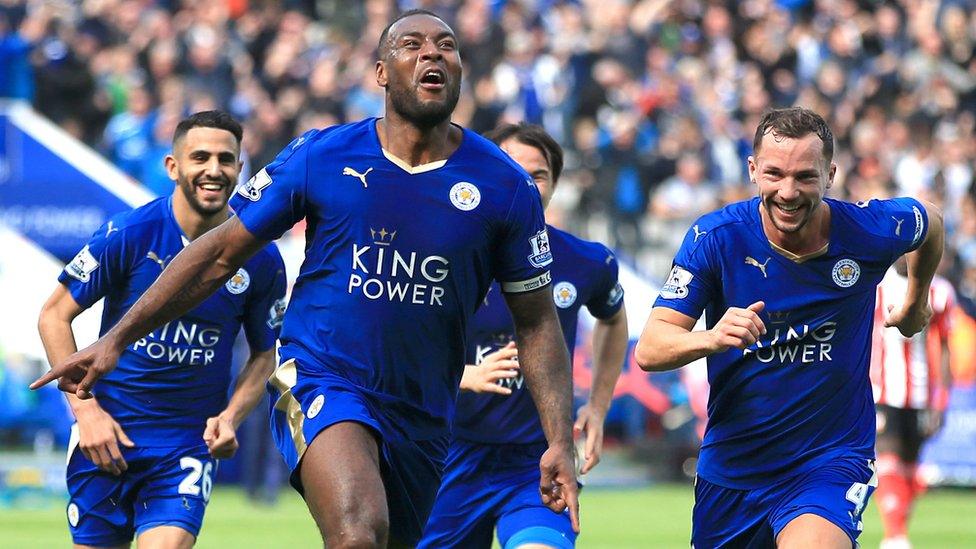 Leicester City players celebrate with captain Wes Morgan after he scored against Southampton