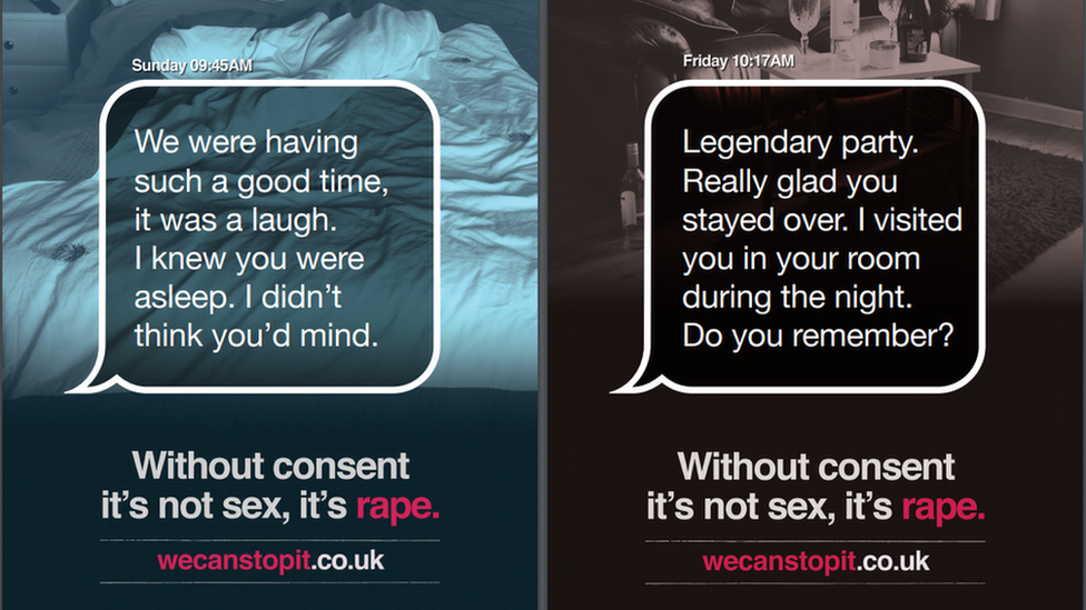 Posters carrying the hashtag #GetConsent