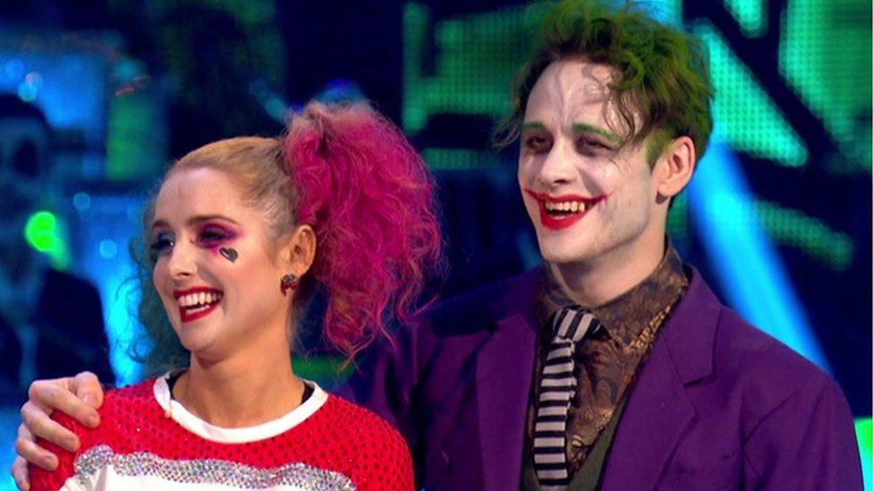 louise redknapp and kevin clifton dressed as Harley Quinn and the Joker from Batman on Strictly Come Dancing