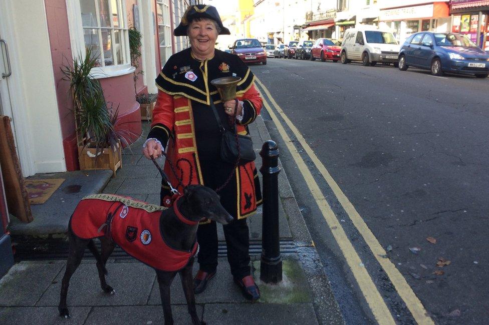 The greyhound of Pembroke town crier Cllr Rose Blackburn sat for the Henry VII statue