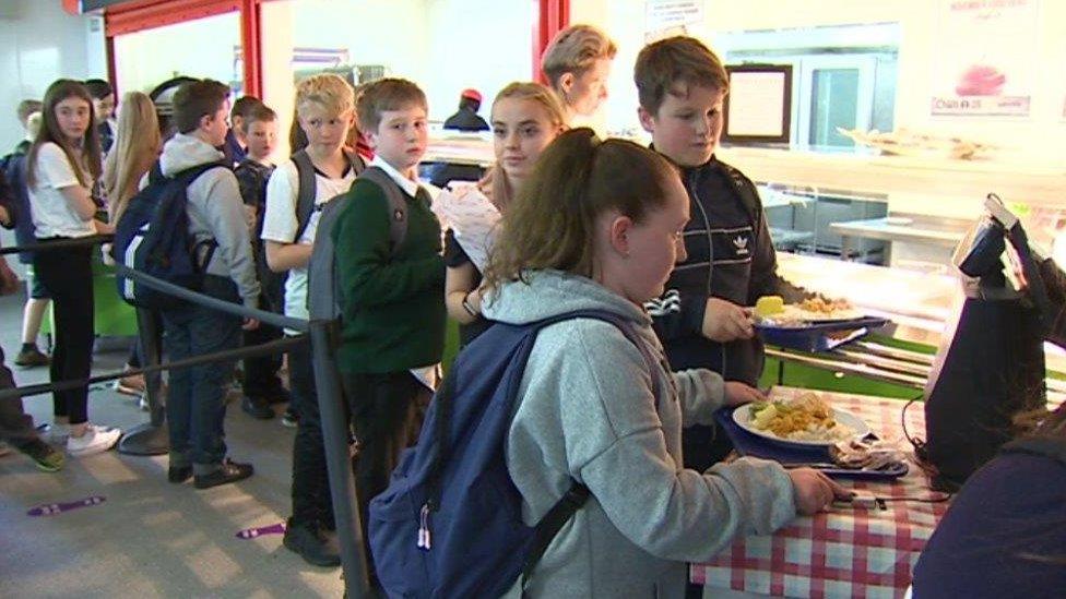 Pupils at Holyhead school in canteen