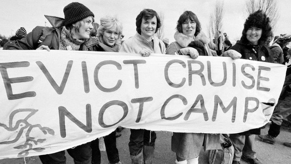 Glenys Kinnock (centre) demonstrates against the deployment of nuclear cruise missiles at RAF Greenham Common near Newbury in Berkshire, December in 1983