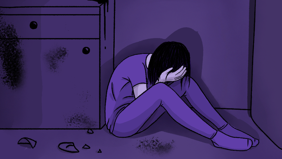 Illustration of a woman crying after smashing up her kitchen