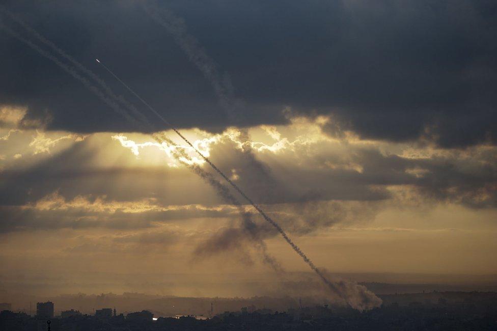 Rockets are launched from the coastal Gaza strip towards Israel by militants of the Ezz Al-Din Al Qassam militia, the military wing of Hamas movement, in Gaza City, 07 October 2023.