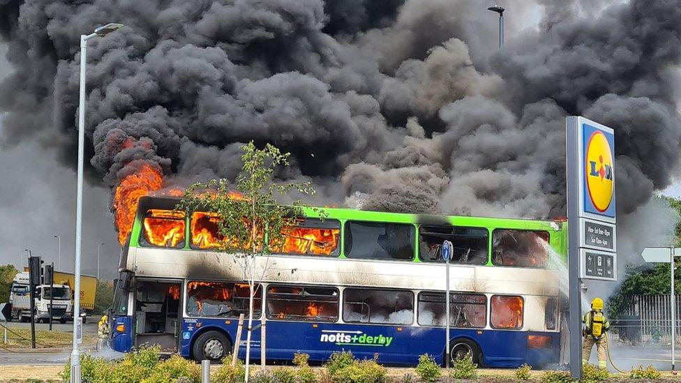 The bus on fire