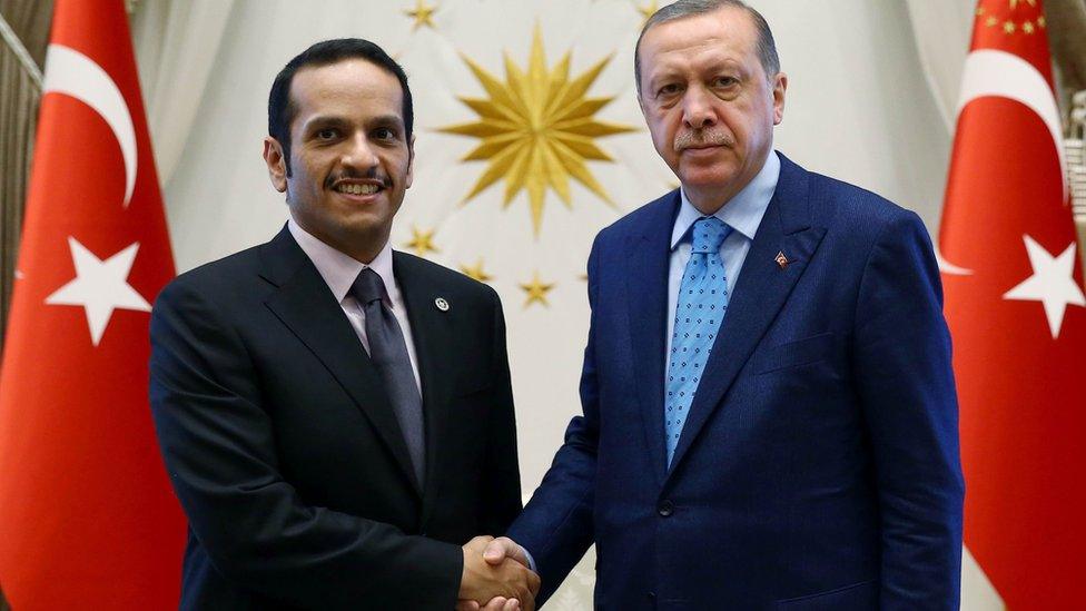 President Recep Tayyip Erdogan (R) shakes hands with Qatari Foreign Minister Sheikh Mohammed bin Abdulrahman bin Jassim al-Thani at the presidential palace in Ankara on July 14 2017