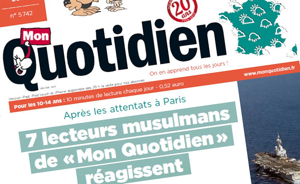 Headline of Mon Quotidien saying "After the Paris attacks 7 Muslim readers of Mon Quotidien give their reaction"