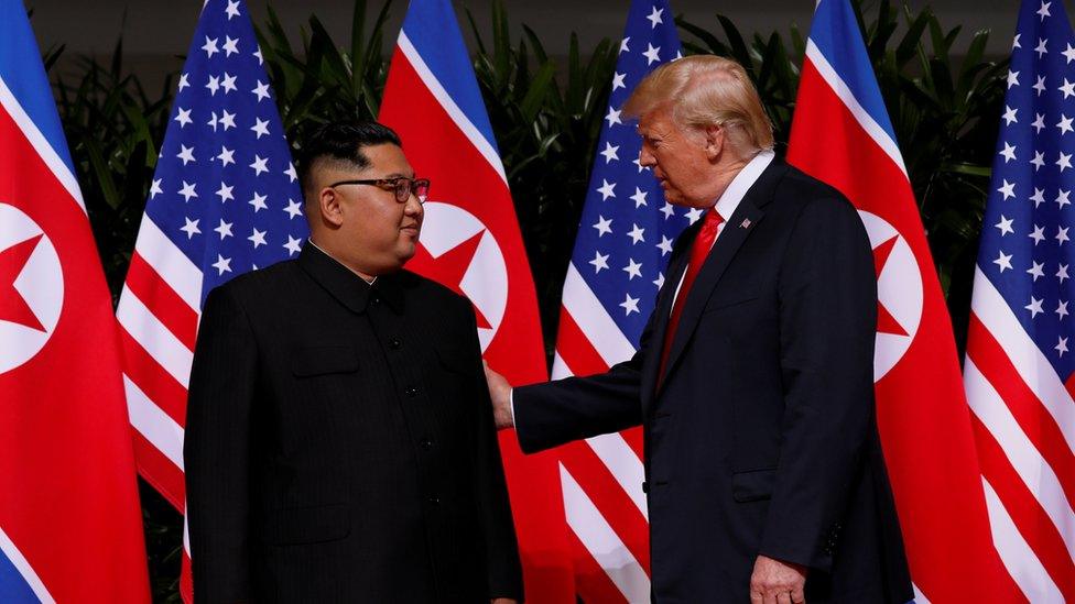 U.S. President Donald Trump and North Korea"s leader Kim Jong Un meet at the Capella Hotel on the resort island of Sentosa, Singapore